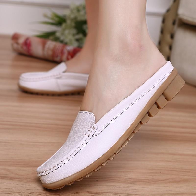 Flat Shoses Spring New Slippers Female Leather Bag Half Slip Shoes Flat Breathable Bean Beans Shoes Casual Fashion Lazy 