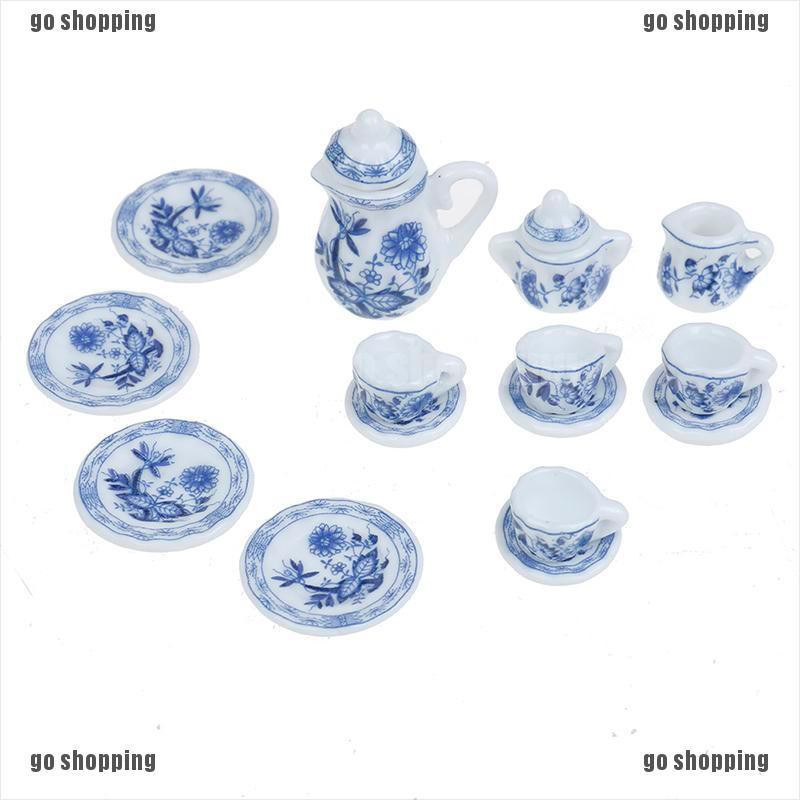 {go shopping}15Pcs 1:12 Dollhouse miniature blue flower tableware porcelain coffee tea cups