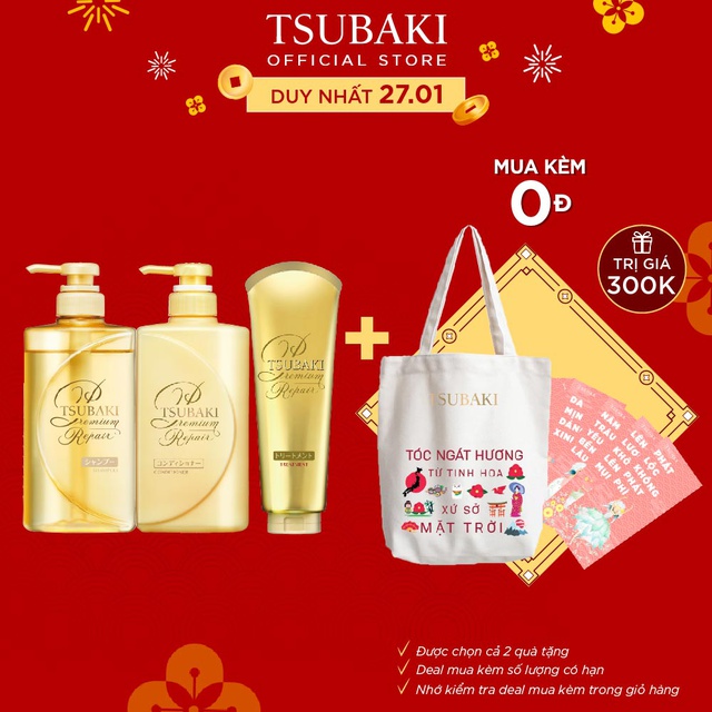 Combo gội xả và kem xả Phục hồi ngăn rụng tóc Premium Repair Tsubaki (490mlx2 + 180g)