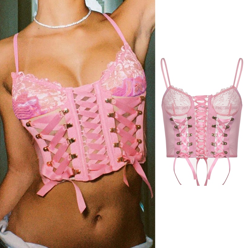 Áo Croptop Sát Nách Phối Ren Lưới Màu Hồng Thiết Kế Quyến Rũ Cho Nữ