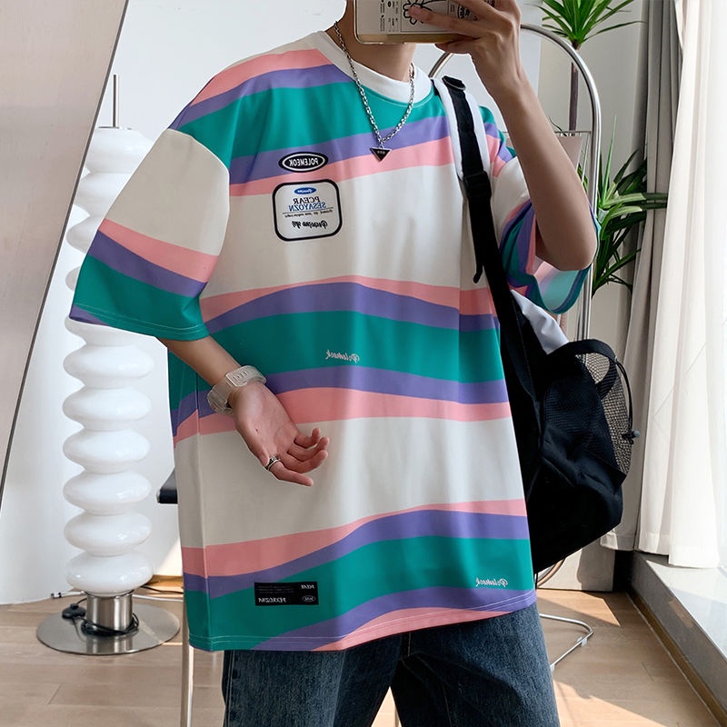 Áo Thun Tay Ngắn Cổ Tròn Họa Tiết Kẻ Sọc Thời Trang Mùa Hè 2022 Cho Nam