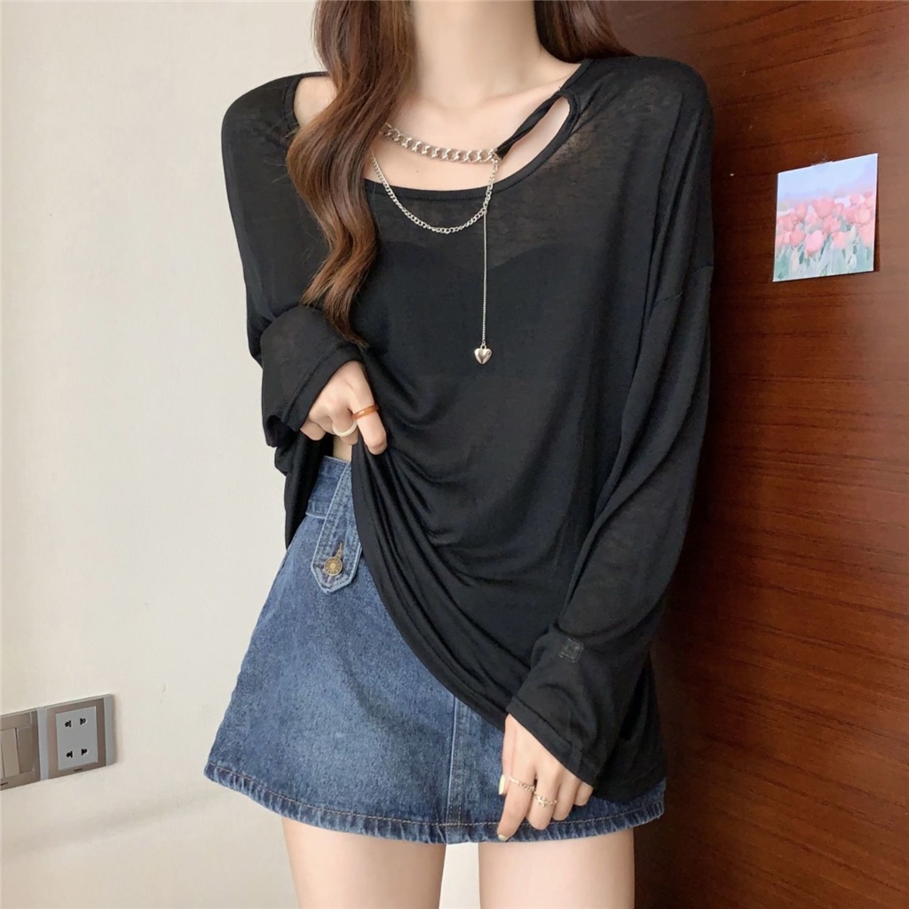 Áo Thun Dài Tay Dáng Rộng Chống Nắng Thiết Kế Lỗ Rỗng Phối Dây Xích Thời Trang Mùa Hè Hàng Mới Dành Cho Nữ 2022