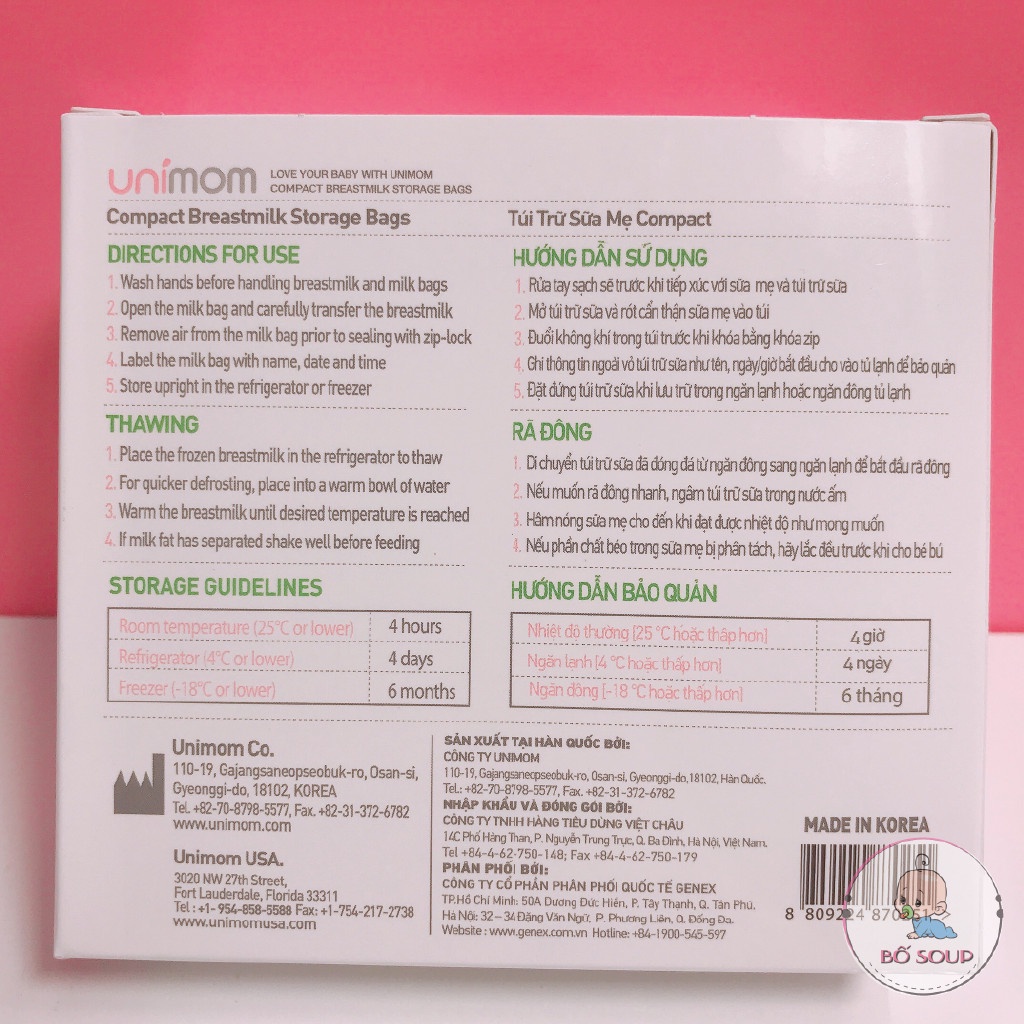 Túi trữ sữa Unimom dung tích 210ml giúp bảo quản sữa mẹ được lâu hơn Shop Bố Soup