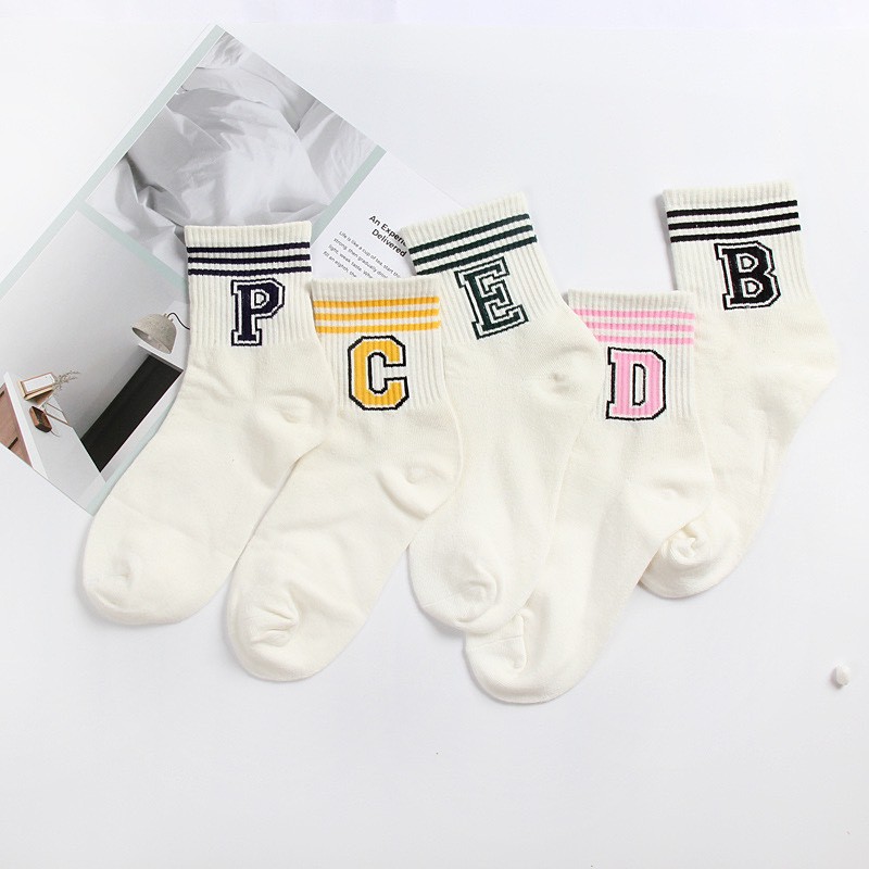 Set 5 đôi tất cổ cao Mivino trắng in hình chữ cái thể thao TN24