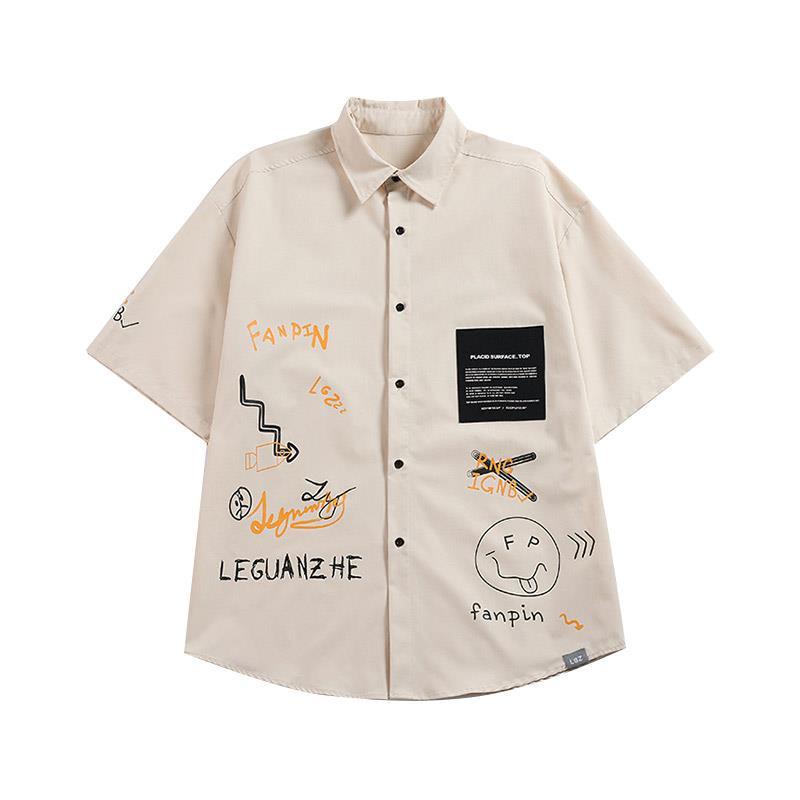 Áo Sơ Mi Tay Lửng Dáng Rộng In Họa Tiết Graffiti Phong Cách Hàn Quốc Thời Trang Mùa Hè Dành Cho Nam