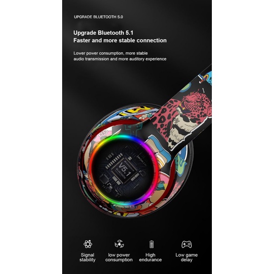 Tai nghe chụp tai không dây L750 kết nối Bluetooth 5.1 họa tiết graffiti có míc thời trang