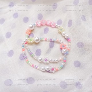 Vòng tay hạt cườm hoa lớn thay chữ cái trong suốt theo yêu cầu, vòng cổ choker tone pastel nhiều màu  #Quadaomauxanh