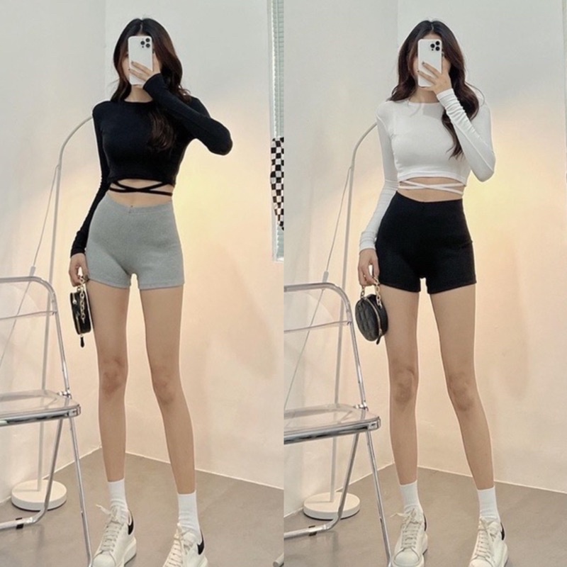 Áo Croptop Tay Dài Dáng Ôm Body Đan Dây Eo Co Giãn Cá Tính