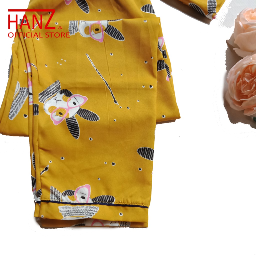 Bộ ngủ pijama lụa kate thái áo dài quần dài bộ mặc nhà Hanz.vn mềm mại dễ thương H 1 VÀNG THỎ KÍNH nhỏ