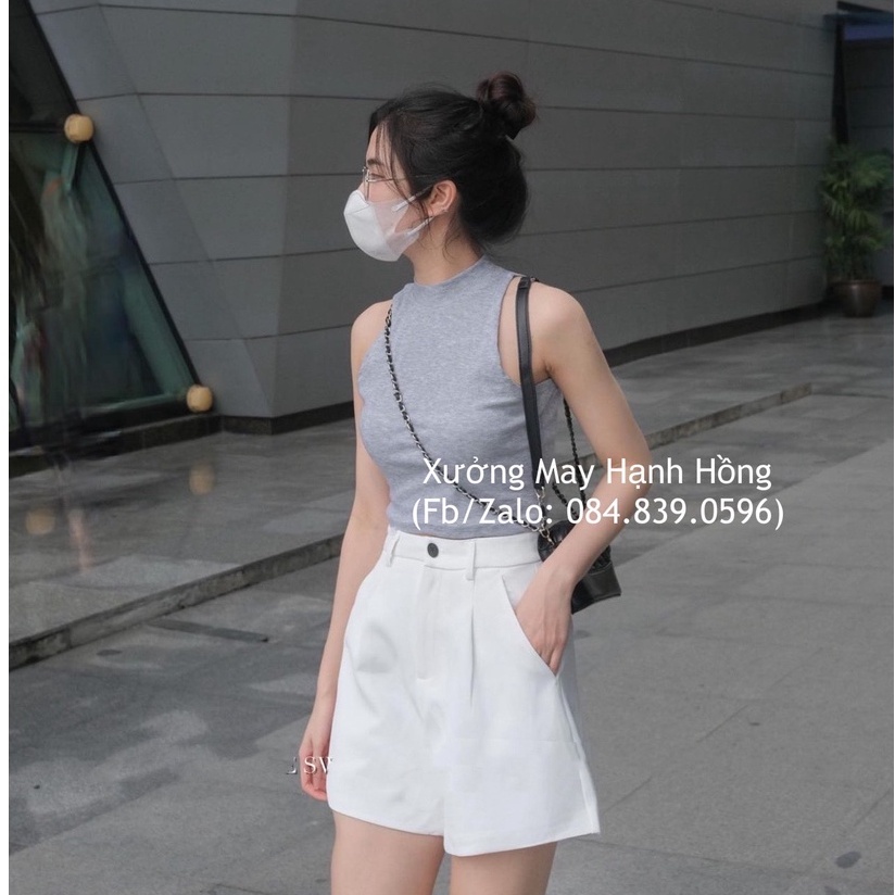 Quần short Ulzzang chất Quảng Châu kèm ảnh thật, Quần short vải cạp cao cài cúc basic