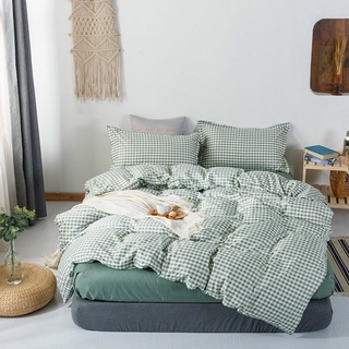 Set 4 món chăn ga gối cotton poly mẫu kẻ caro xanh lá