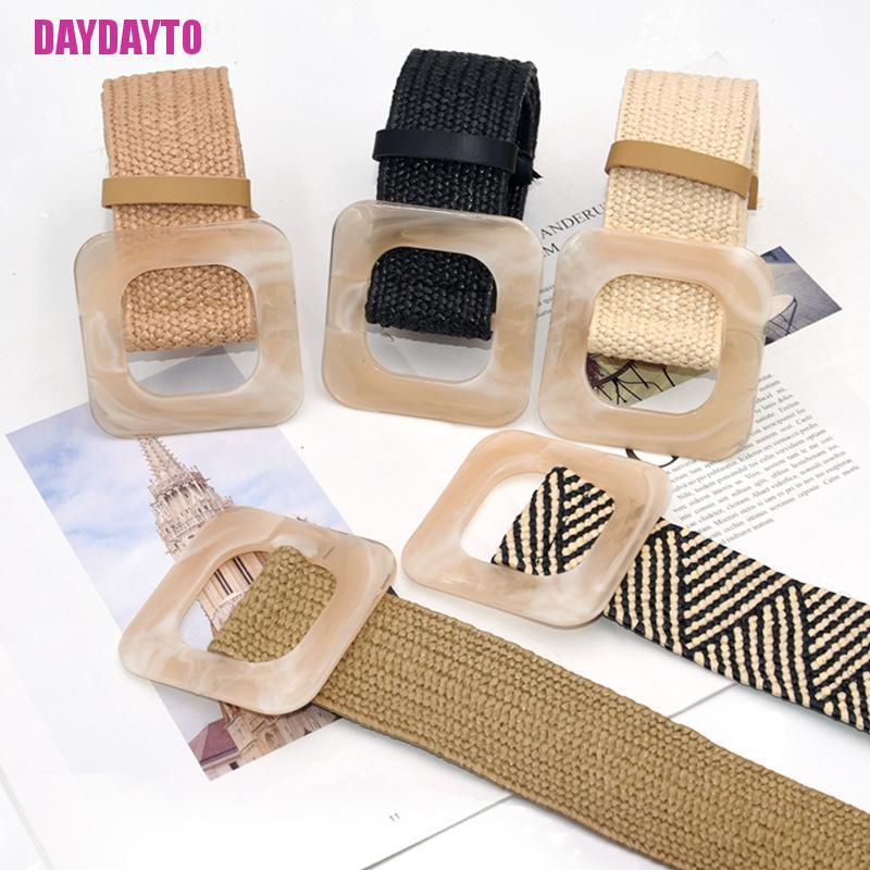 Thắt lưng bện dây cói khóa gỗ vuông phong cách boho cổ điển thời trang mùa hè xinh xắn cho nữ