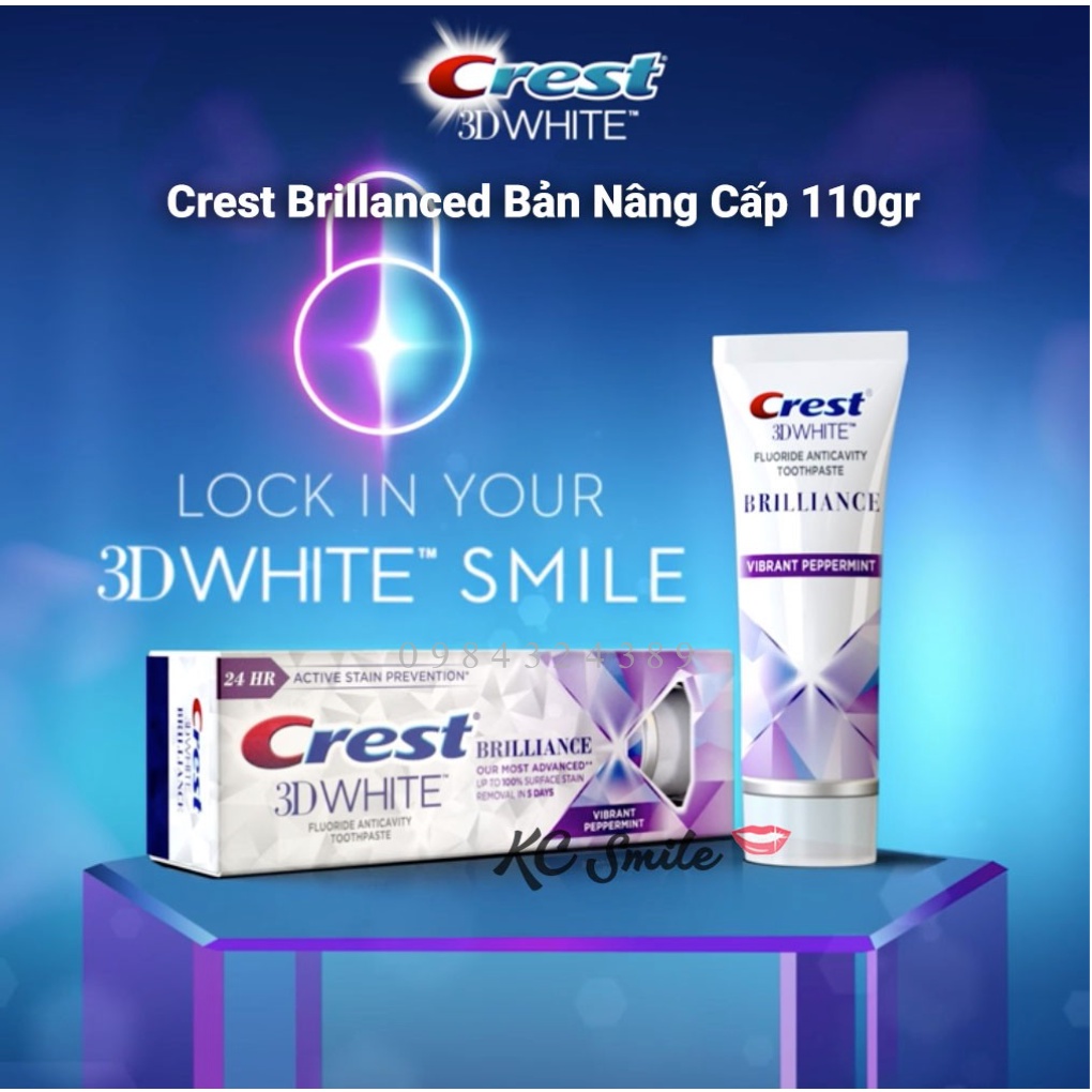 Combo 3 kem đánh răng Crest 3D White Brillance 110g của Mỹ - Hỗ trợ làm trắng răng loại bỏ vết ố vàng