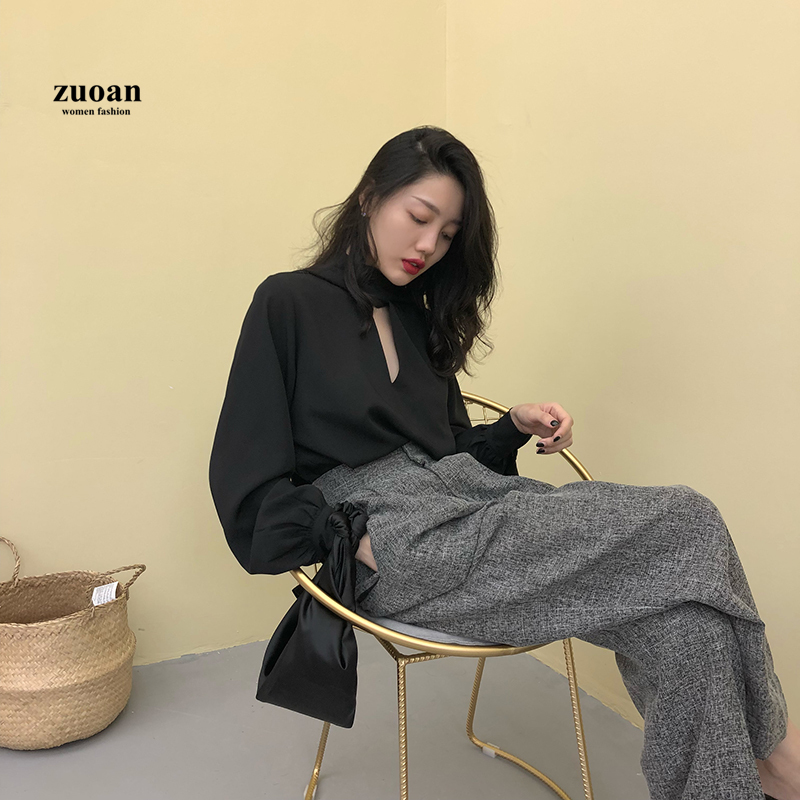 Áo kiểu SUXI tay dài phồng cổ chữ V xẻ sâu có dây thắt nơ thời trang mùa thu thanh lịch dành cho nữ