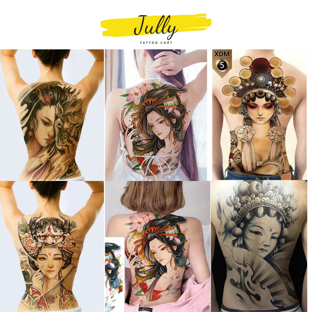 Hình xăm dán kín, full, bít lưng, xăm tạm thời chống nước cô gái nhật Geisha JULLY Tattoo chất cho cả nam và nữ