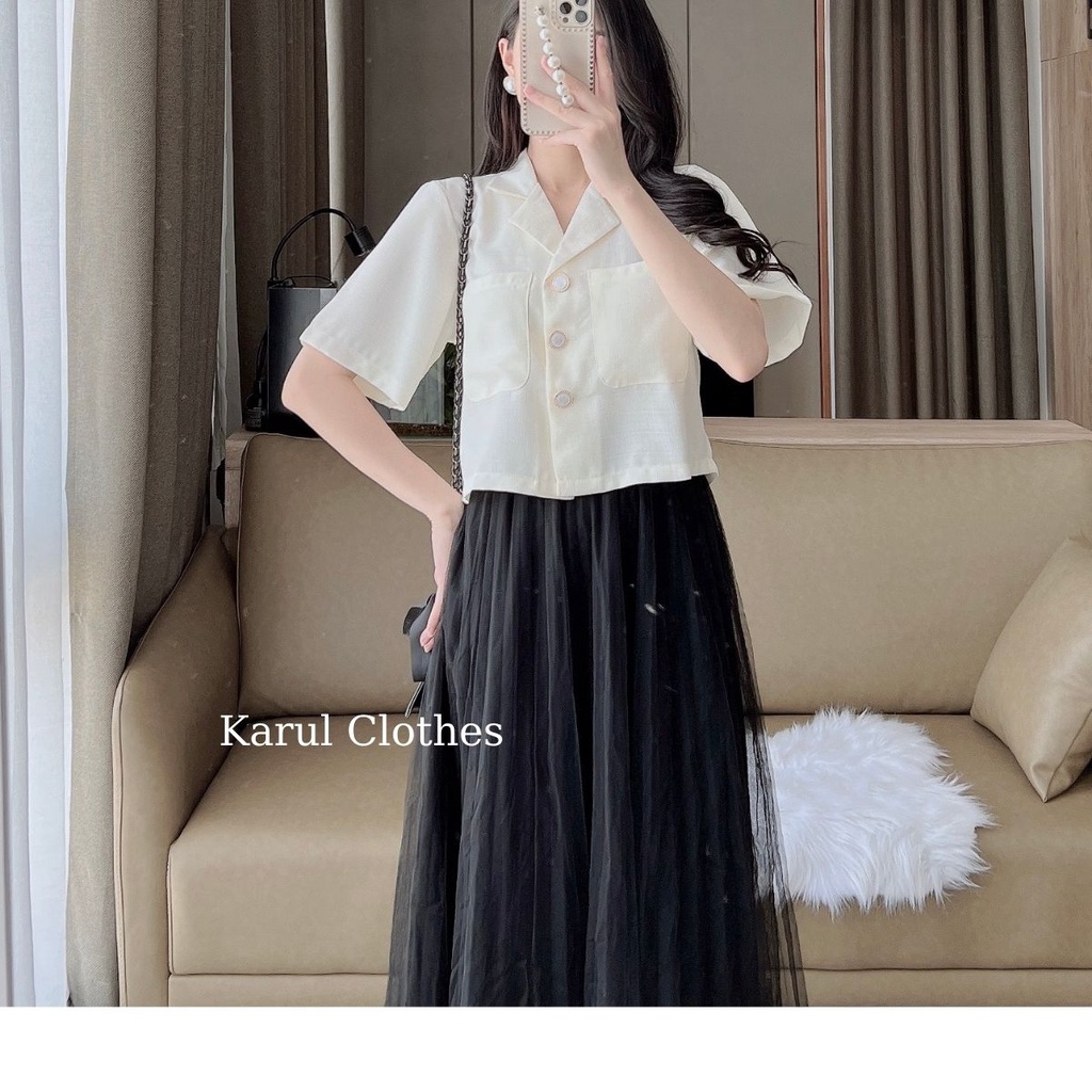 Áo sơ mi nữ dáng ngắn 3 cúc phôi 2 túi ngực sâu , áo sơ mi nữ phối 2 túi sâu 3 cúc kiểu dáng Hần quốc D598