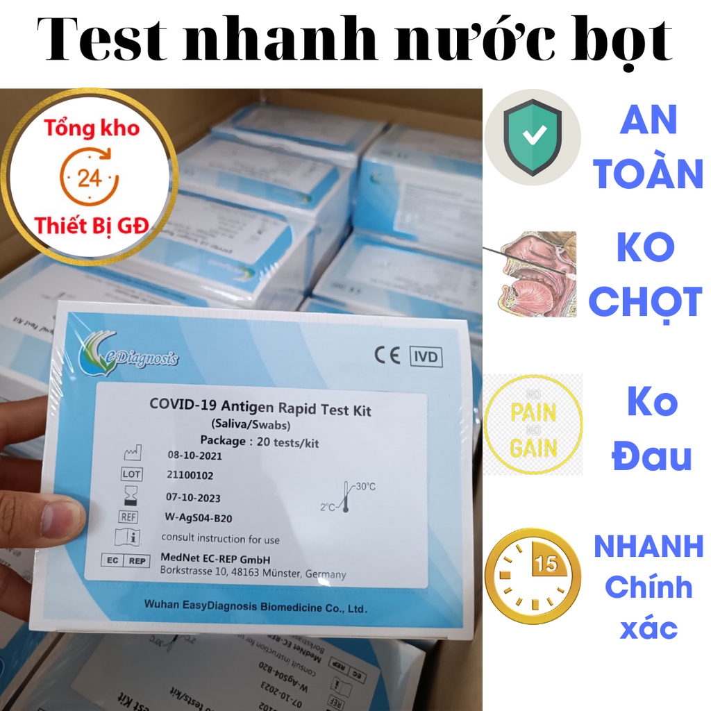 Test nhanh covid, hộp 5 bộ test nhanh covid bằng nước bọt Easy Diagnosis Đức, nhà, ship hỏa tốc 1h
