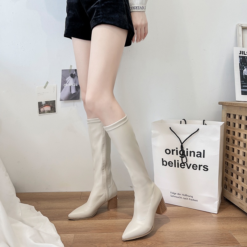 Giày Bốt Cổ Cao Đến Đầu Gối Mũi Nhọn Màu Trơn Phối Khóa Kéo Thời Trang Hàn Quốc Cho Nữ