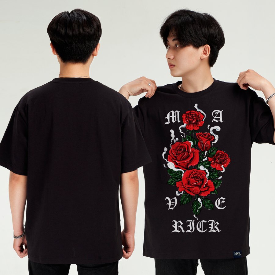 Áo thun Rock Nam Nữ hoa hồng đỏ Phối Chữ Maverick Áo Phông Đẹp Vải Cotton Tiêu Chuẩn Xuất Khẩu KK2075