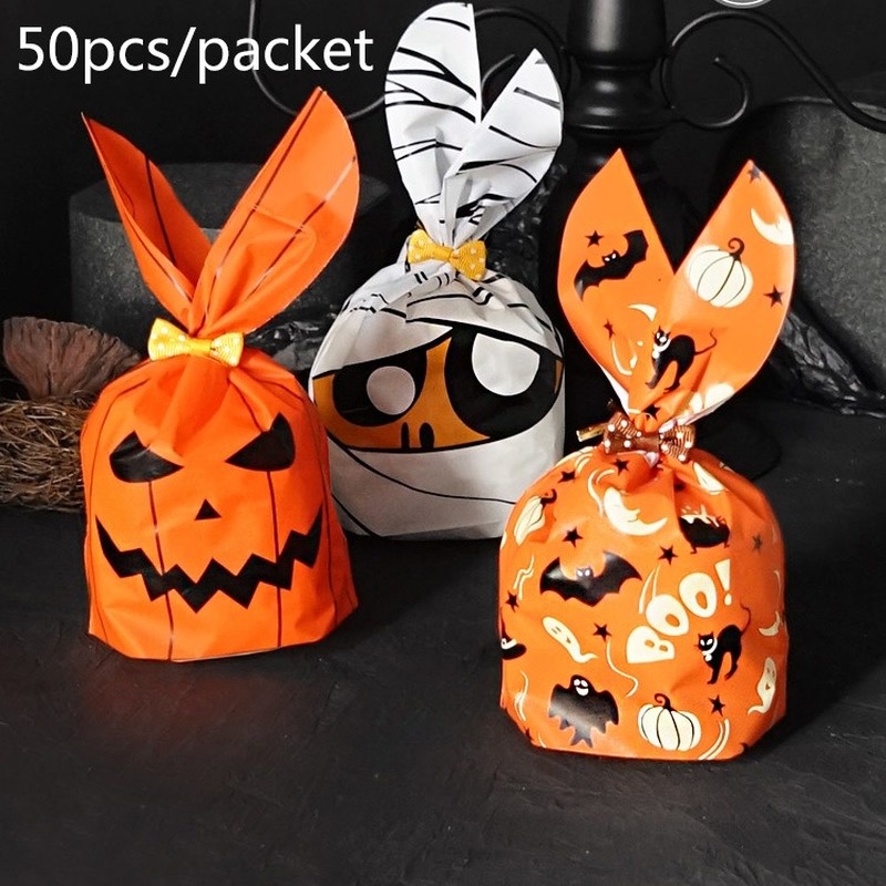Set 50 Túi Nhựa Đựng Kẹo Họa Tiết Tai Thỏ / Ma / Bí Ngô Trang Trí Tiệc Halloween