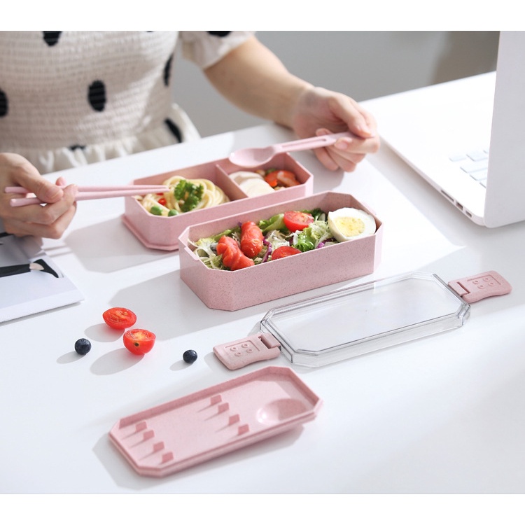 Hộp đưng cơm lúa mạch 2 tầng được thiết kế từ nhựa lúa mạch có mùi thơm tự nhiên và đảm bảo an toan vệ sinh