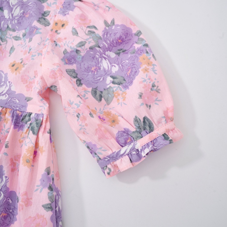 Váy bé gái CARROT đầm xòe tay lỡ viền bèo ngực, hoạ tiết hoa tím, chất liệu Thô cotton thấm hút mồ hôi tốt