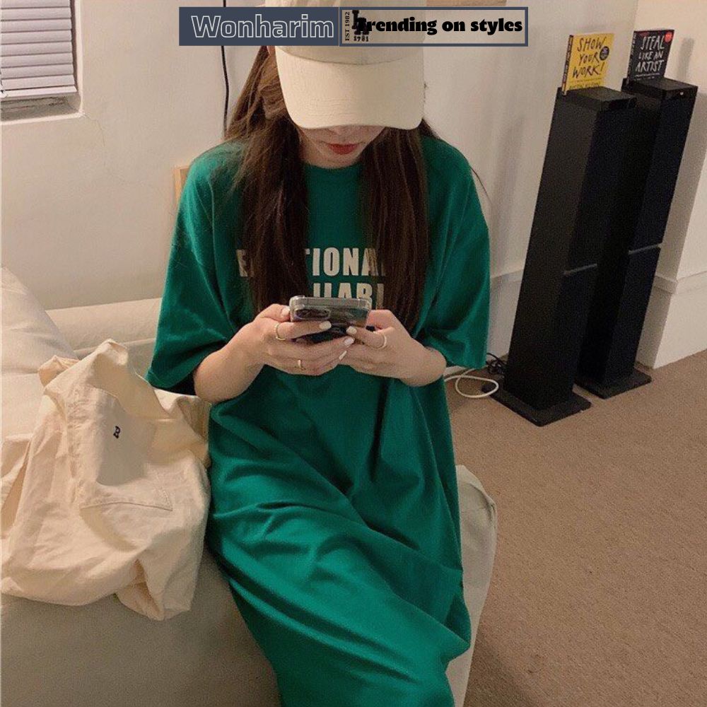 Váy thun xanh Emo form rộng tay lỡ nữ [🌸[wonharim]🌸Đầm xuông xẻ tà trẻ trung năng động 21329