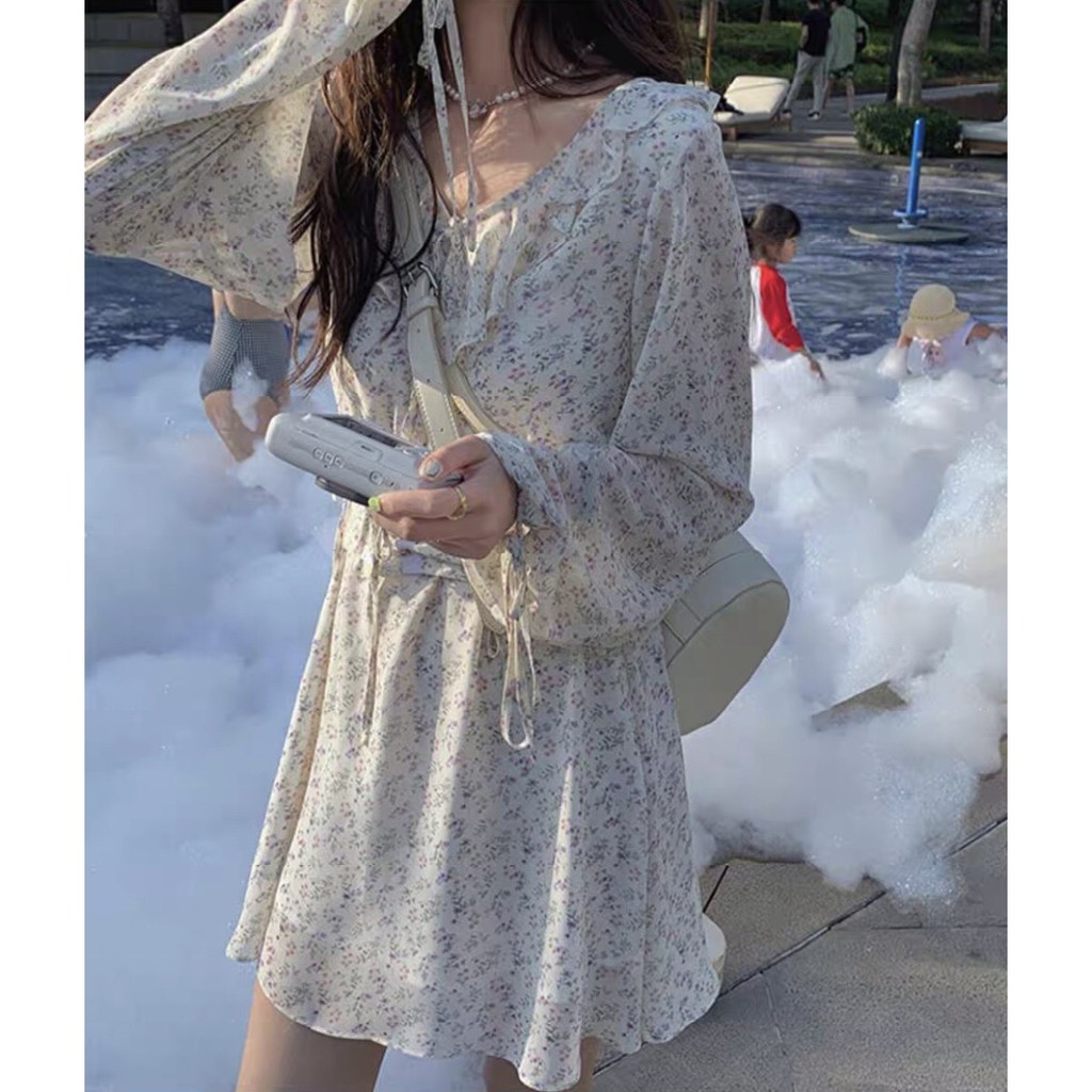 Đầm - Váy hoa nhí cổ bèo dáng xòe kèm corset ulzzang