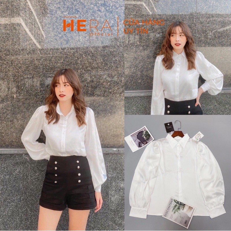 Áo sơ mi trắng lụa satin tay bồng