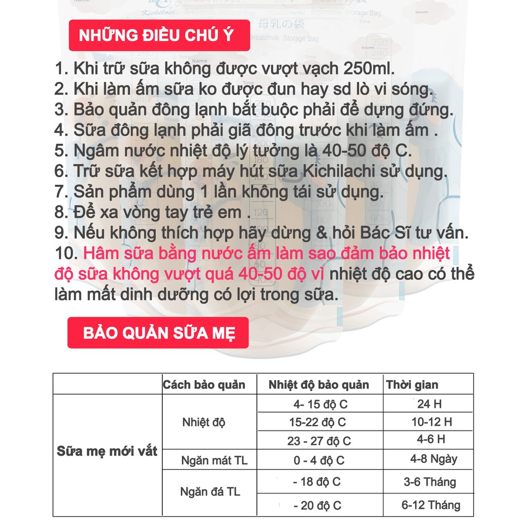 Hộp 50 túi trữ sữa mẹ 250ml Cảm ứng nhiệt hình chú Voi KICHILACHI KICHI K50 - Công Nghệ Nhât