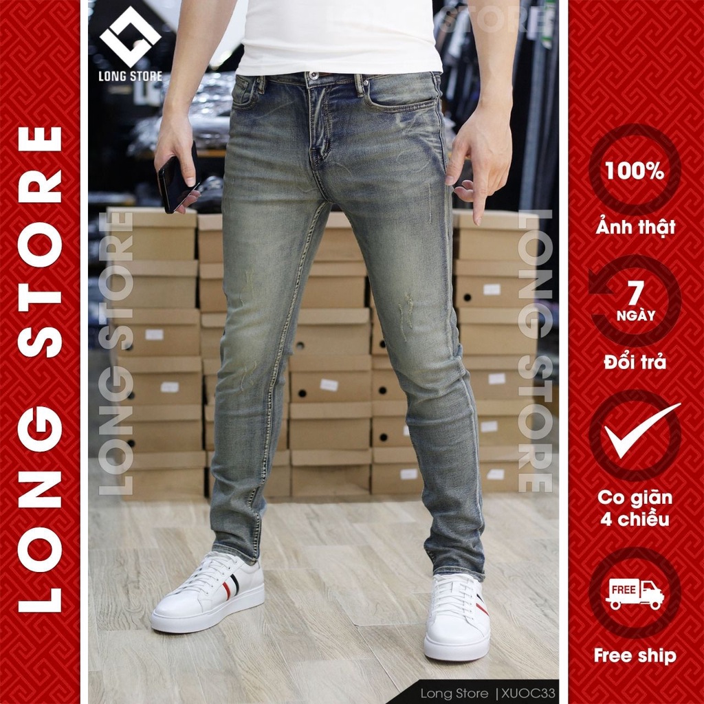 Quần jean nam rách xước cao cấp chất bò co giãn màu xanh nhạt bui ống đứng dáng ôm skinny LONGSTORE Xuoc33