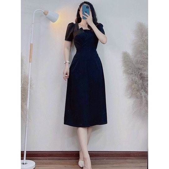 Đầm cổ vuông tay bồng xếp ly ngực thiết kế dáng xòe dài chất cotton lạnh full 2 lớp tiểu thư dự tiệc dạo phố XM Minh Phú