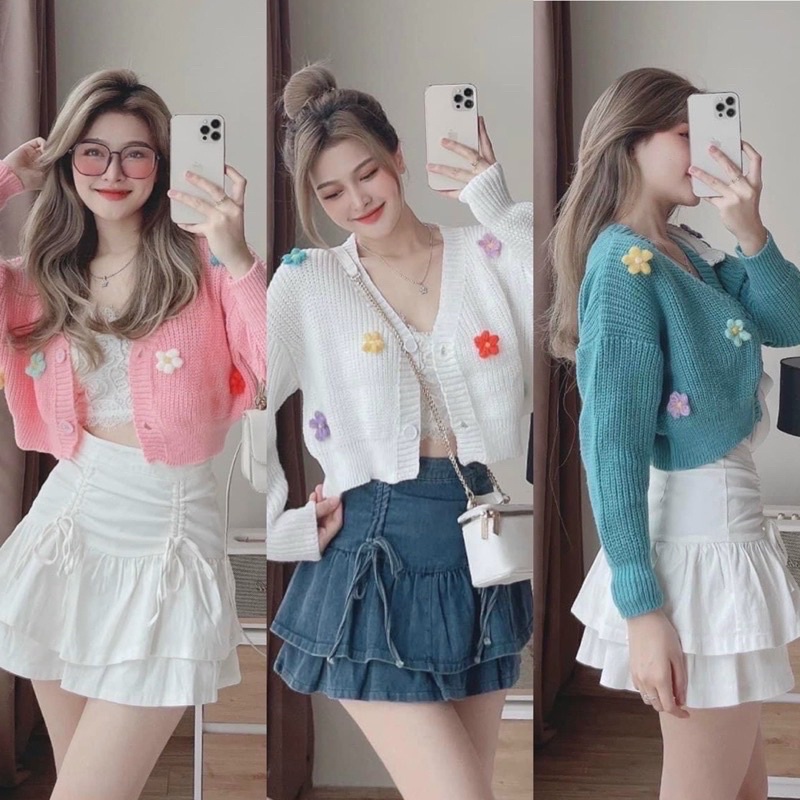 ÁO KHOÁC THUN GÂN CARDIGAN DÀI TAY XINH ĐÍNH HOA LEN MÓC MÓC BH9 (Ảnh thật cuối)
