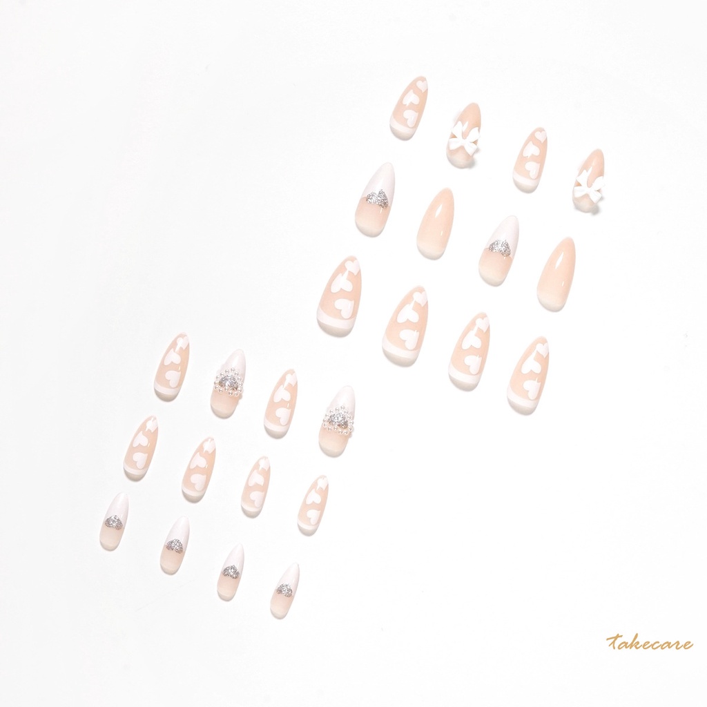 [Hàng mới về] Set 24 móng tay giả đầu nhọn màu trắng in họa tiết trái tim xinh xắn