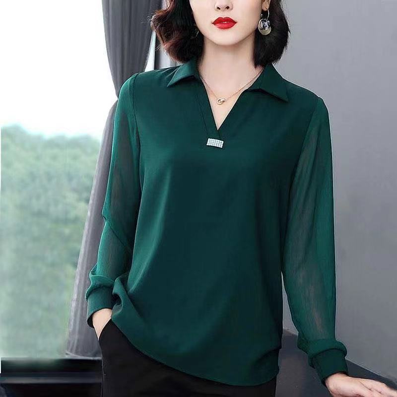 Áo kiểu tay dài cổ chữ V dáng rộng thời trang mùa thu cho phụ nữ trung niên