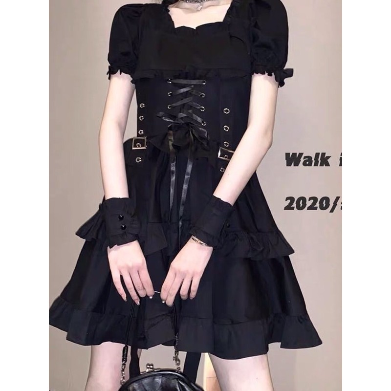 Đầm đen babydoll cổ vuông tay bồng kèm phụ kiện đai eo cosplay Ulzzang siêu chất ❤️