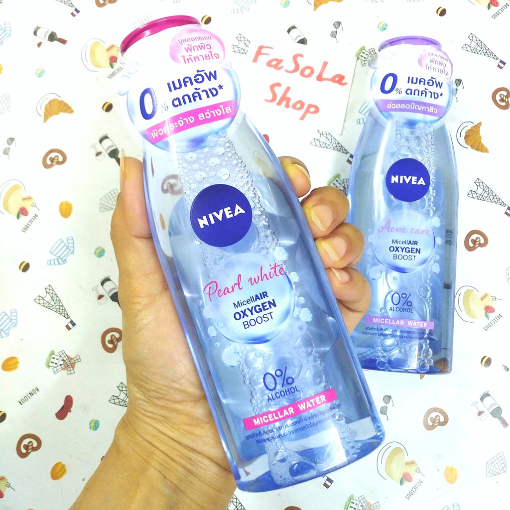 Dung dịch tẩy trang NIVEA Thái Lan 125ml Micellair Oxygen Boost Water da mụn trắng sáng hoa hồng hokkaido không cồn mặt