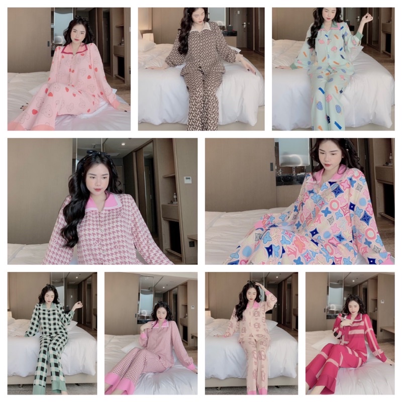 Đồ Bộ Pijama - Bộ Lụa Mango Dài Tay Cổ vuông Hoạ Tiết Cao Cấp [FREE SHIP]