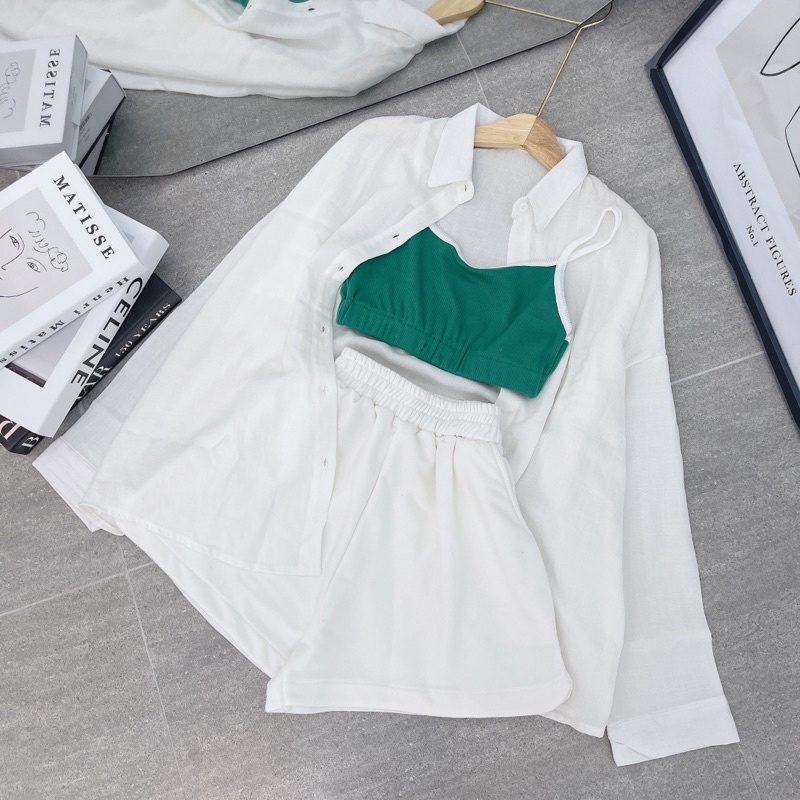 SET 3 MÓN: ÁO SƠ MI TRẮNG + ÁO THUN CROPTOP XANH 2 DÂY + SHORT LƯNG THUN TRẮNG