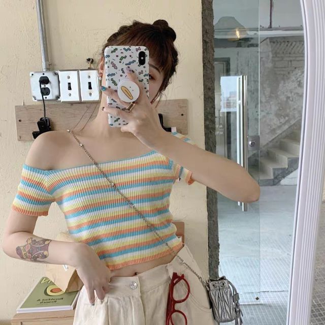 Hàng có sẵn - Áo trễ vai croptop kẻ ngang nhiều màu