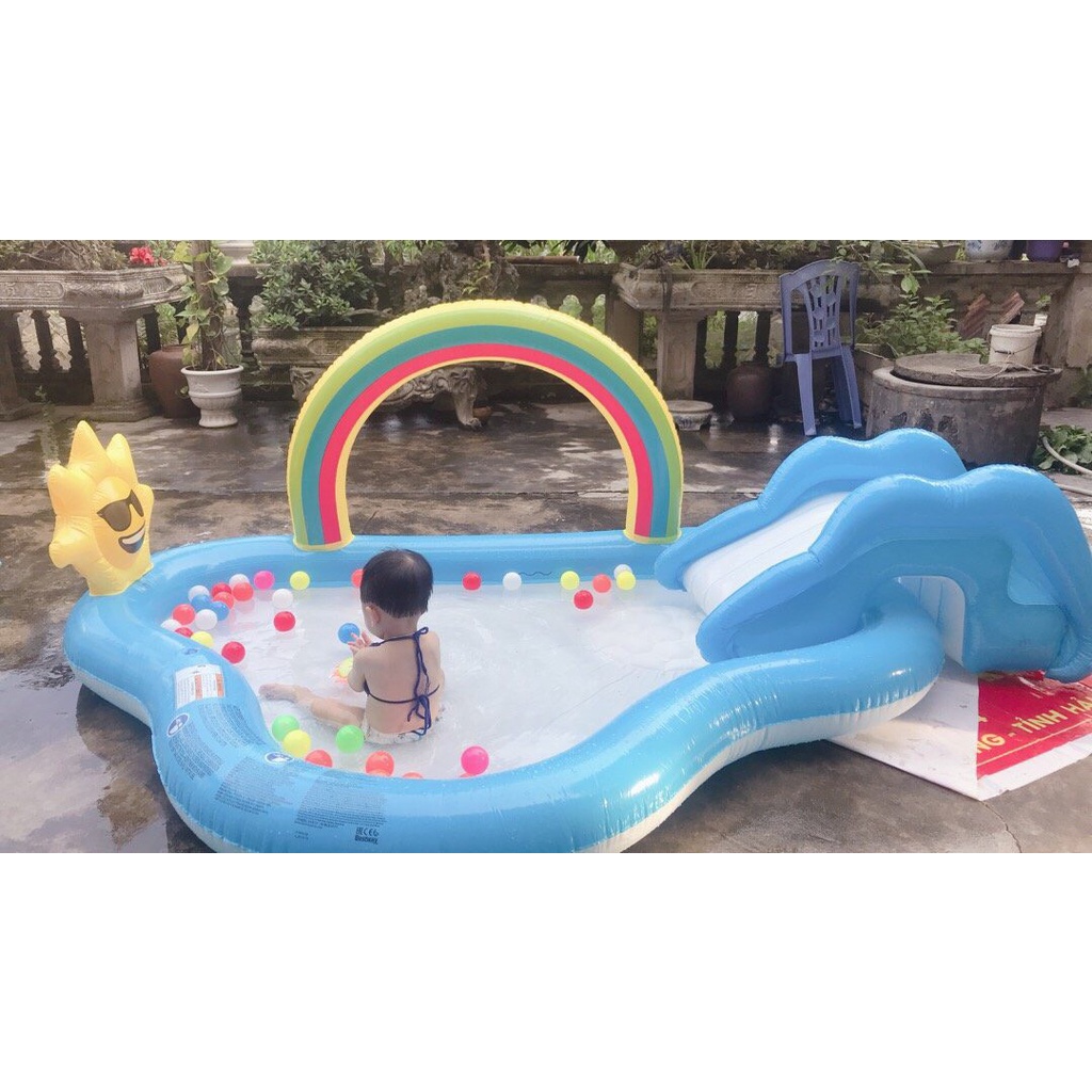 Bể bơi phao nhập khẩu có cầu trượt, cầu vồng cho bé, bể bơi phao mini 2m6 có đáy chống trượt