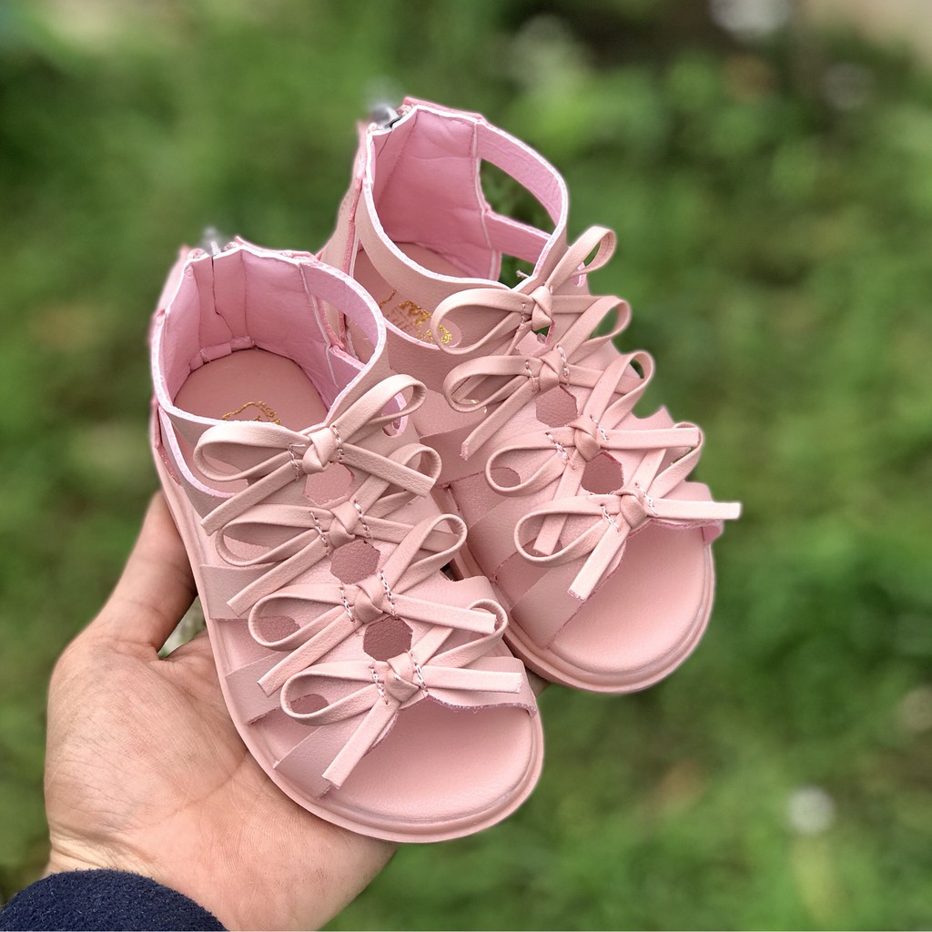 Dép cho bé gái - sandal hoa nơ xinh kéo khóa sau phong cách chiến binh cho bé gái mã XTNF-1