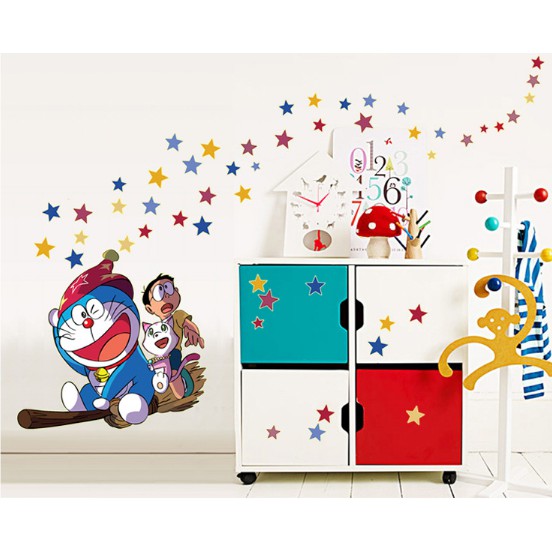 Decal trang trí Doremon và Nobita cùng chổi bay- Dạ quang ( Kèm Ânh thật )