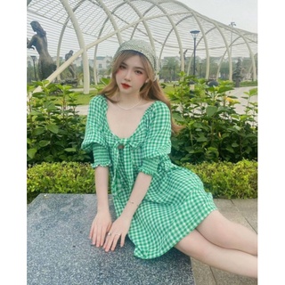 🎀🎀đầm caro xanh lá nơ free size🥑🥑🥑🥑