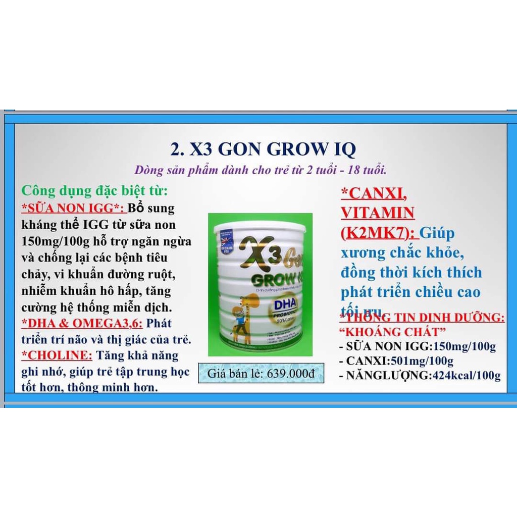 SỮA X3 GON GROW IQ 900G PHÁT TRIỂN CHIỀU CAO VÀ TRÍ NÃO CHO TRẺ TỪ 2 - 18 TUỔI