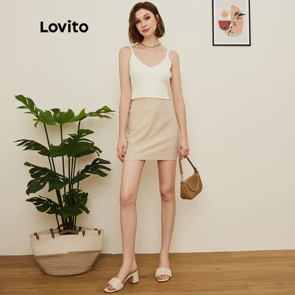 Áo dệt kim Lovito kẻ sọc vân dáng ngắn không tay màu trơn phong cách Preppy L19D006 (màu trắng)