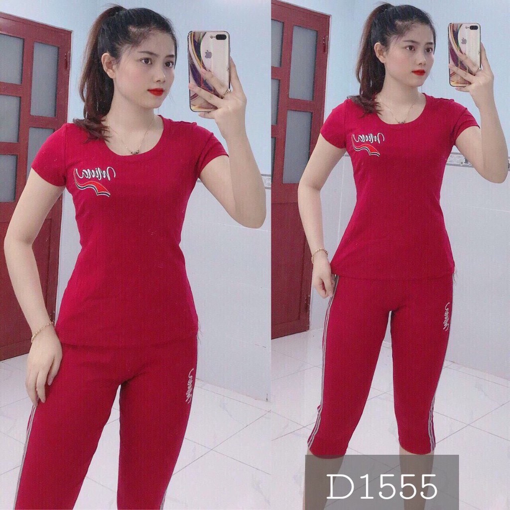 Set bộ quần áo nữ lửng mặc nhà logo thêu sọc thun cotton co giãn 4 chiều 155/ Có size XXL