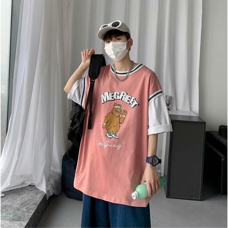 Áo Thun Tay Ngắn Giả Hai Lớp Form Rộng In Họa Tiết Hoạt Hình Phong Cách Hip Hop Hàn Quốc Cho Nam