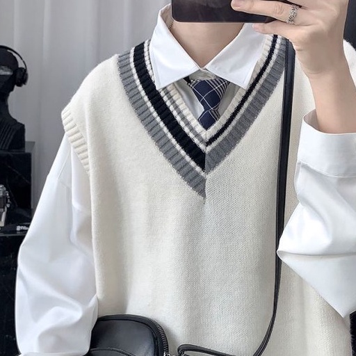 Áo sweater dệt kim cổ V không tay thời trang Hàn Quốc nam tính