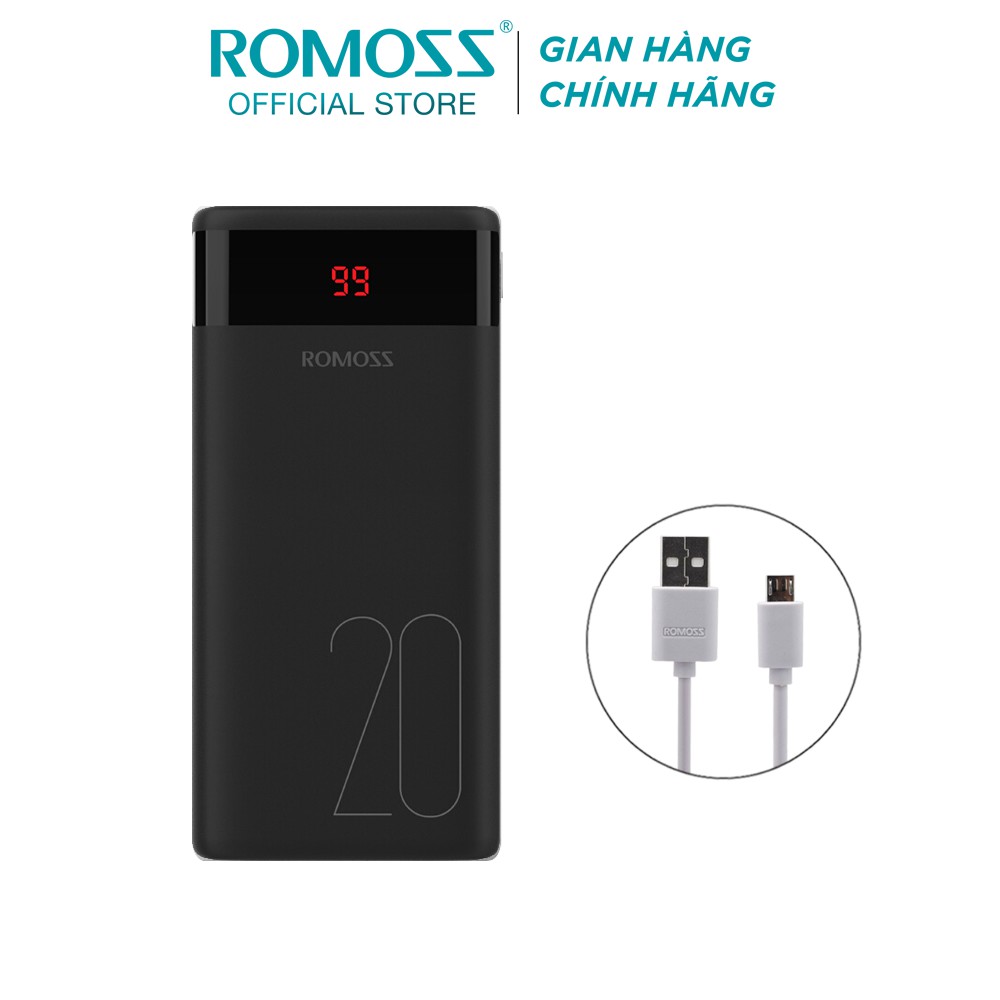 Pin sạc dự phòng Romoss Ares 20 20.000mAh màn hình LED hỗ trợ 3 cổng sạc input + Cáp sạc micro USB Romoss CB05 dài 1m